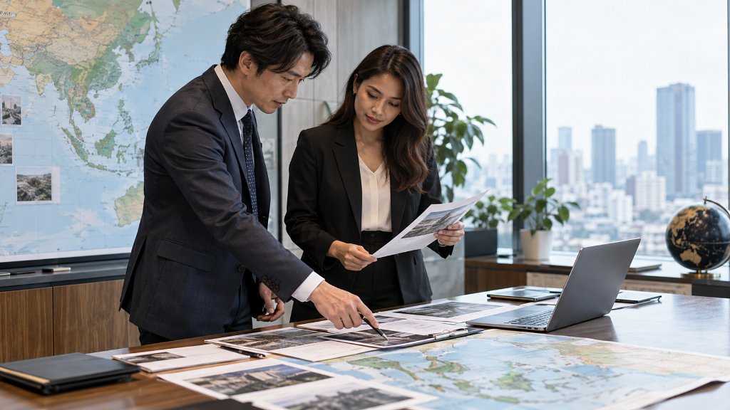 東南アジアの調査について地図と資料を確認する担当者