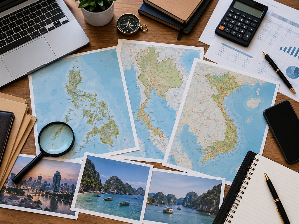 フィリピン・タイ・ベトナムの地図と調査資料を机上で整理するイメージ